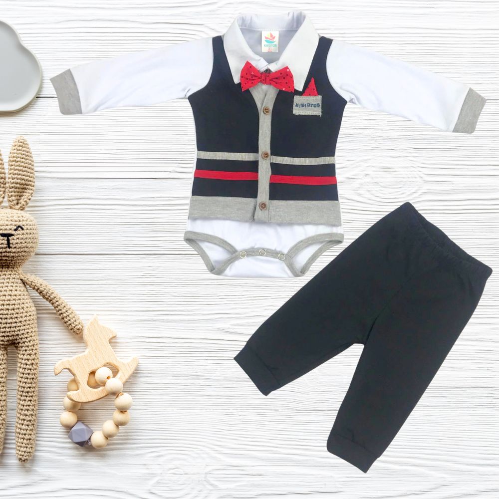 Set de body manga larga con chaleco de rayas para bebés niños