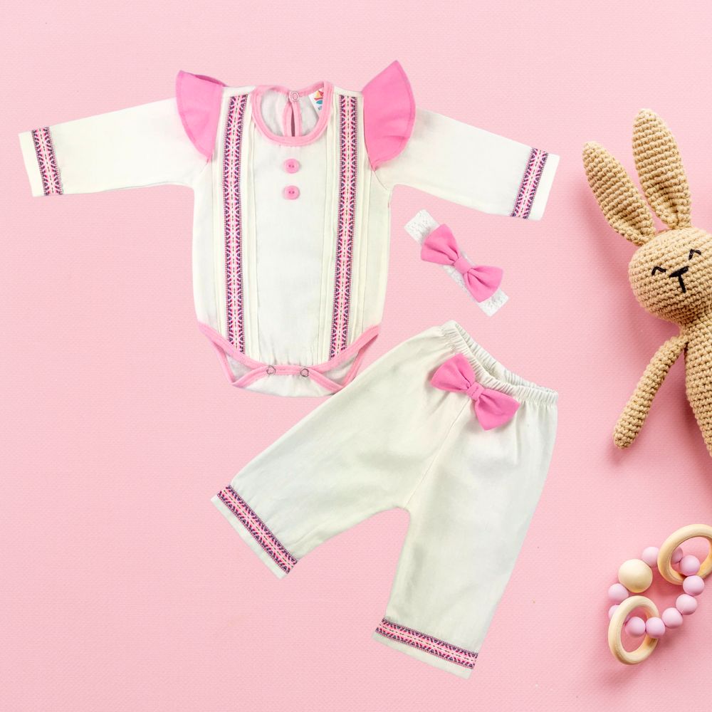 Body manga larga con olanes   y obeliscos con pantalón para bebés niñas