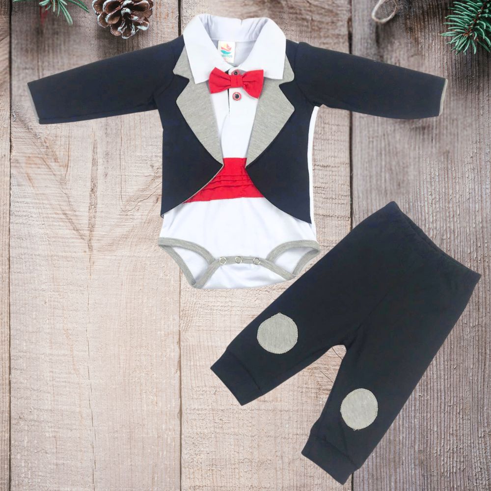 Body tipo  frack con fajilla y moño  Manga larga pantalón para Bebes Niños.