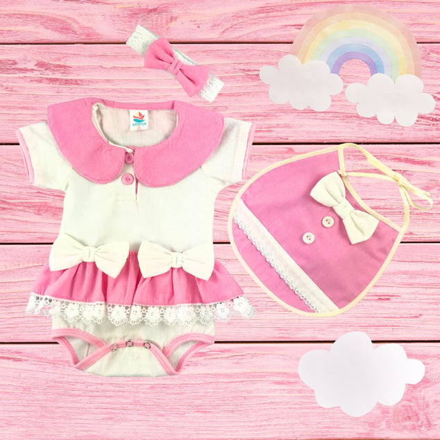 Set body polo manga corta con falda y babero  y diadema  para bebés niñas