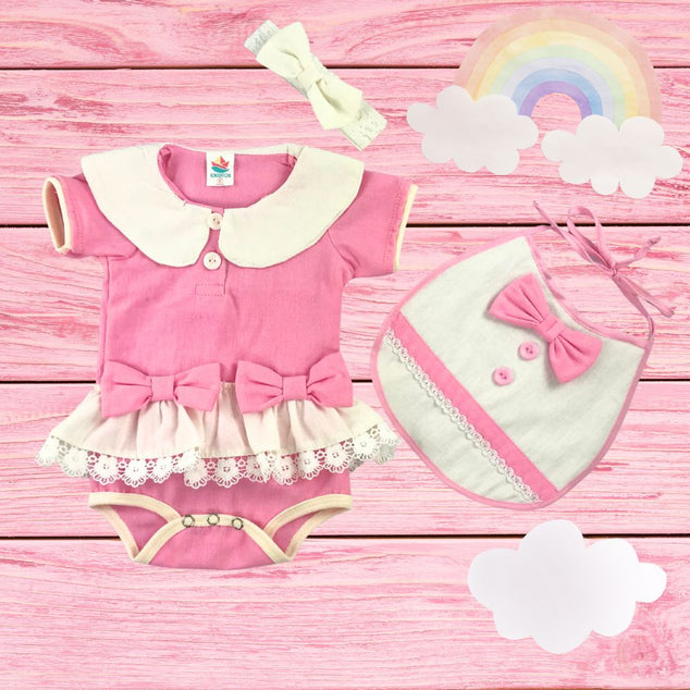 Set body polo manga corta con falda y babero  y diadema  para bebés niñas
