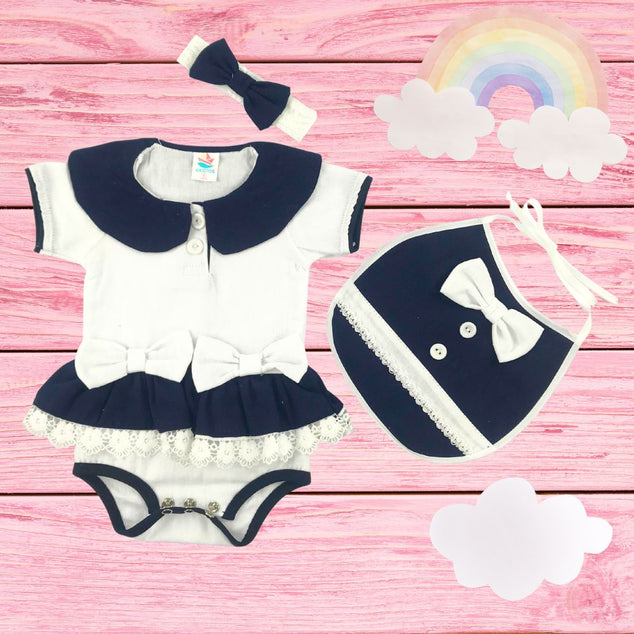 Set body polo manga corta con falda y babero  y diadema  para bebés niñas