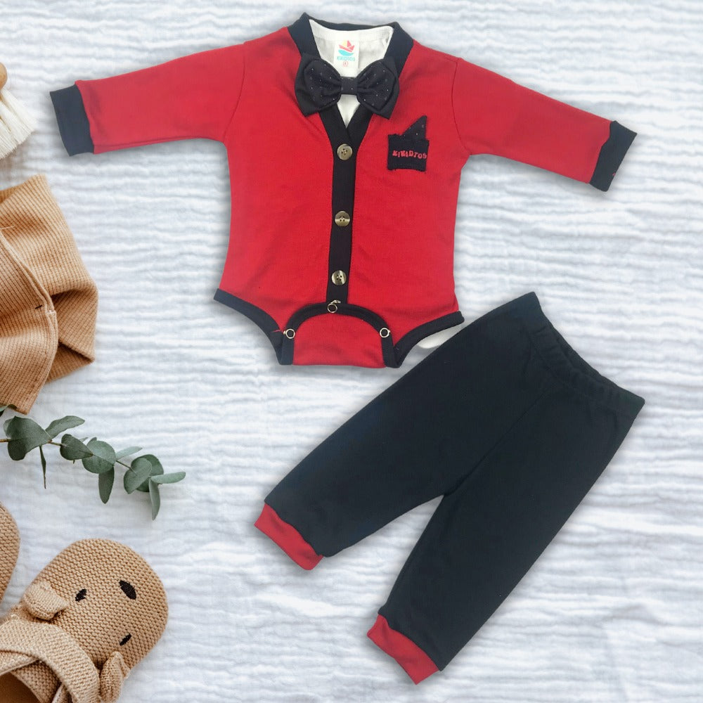 Body manga larga, playera blanca manga corta con moño y pantalón - Set de tres piezas