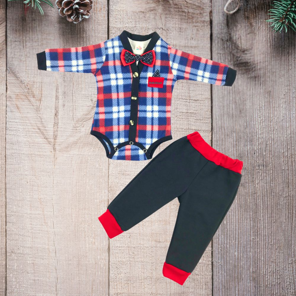 Coordinado tipo smoking con moño y pantalón Polar Cuadros  para bebés niños.