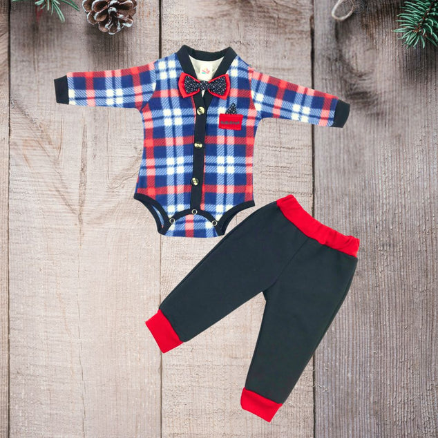 Coordinado tipo smoking con moño y pantalón Polar Cuadros  para bebés niños.