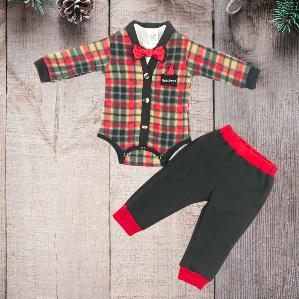 Coordinado tipo smoking con moño y pantalón Polar Cuadros  para bebés niños.