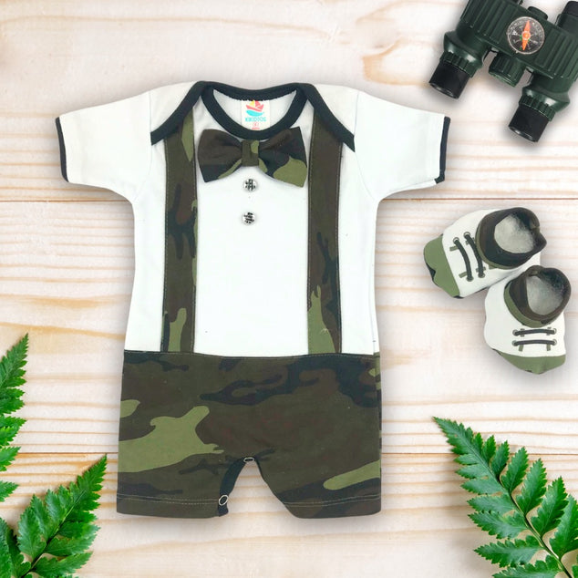 Body manga corta shorts camuflaje  esencial para bebés niños con zapatitos