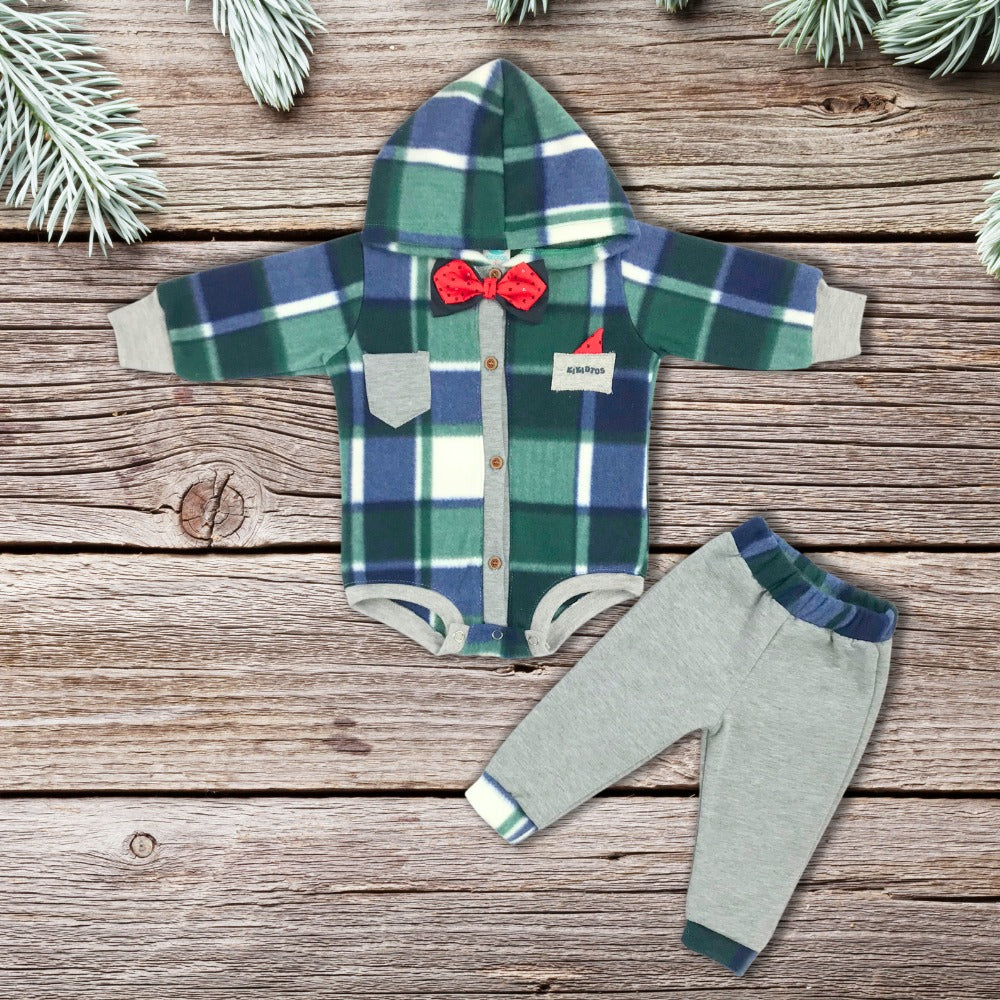 Pañalero polar cuadros con moño y  capucha y pantalón para bebes niños.