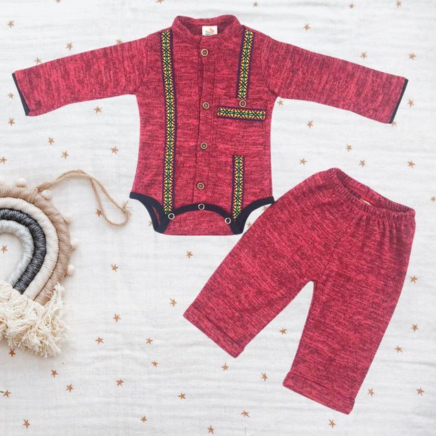 Set manga Larga  tipo guayaber con pantalon a para bebés niños