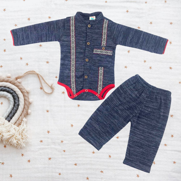 Set manga Larga  tipo guayaber con pantalon a para bebés niños