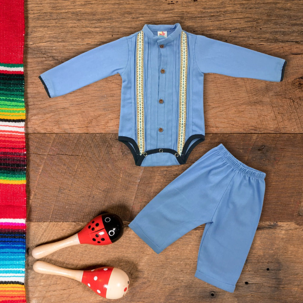 Body manga larga tipo guayabera con pantalón para bebés niños