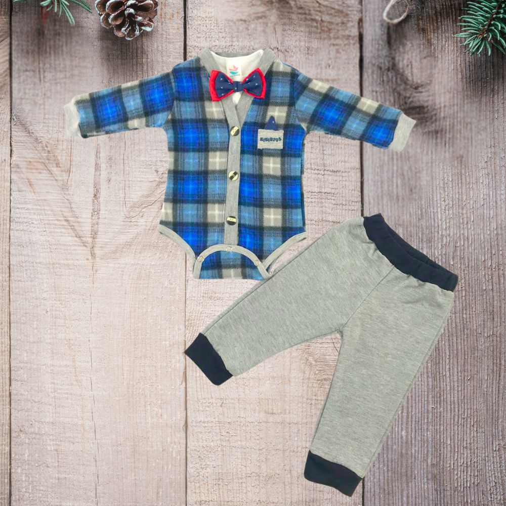 Coordinado tipo smoking con moño y pantalón Polar Cuadros  para bebés niños.