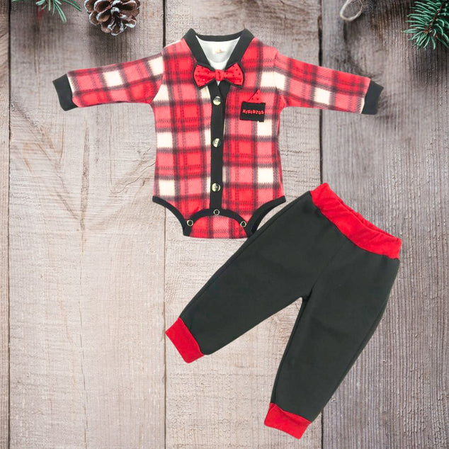 Coordinado tipo smoking con moño y pantalón Polar Cuadros  para bebés niños.
