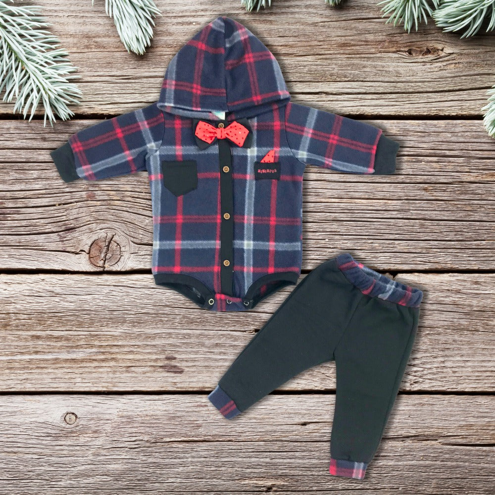 Pañalero polar cuadros con moño y  capucha y pantalón para bebes niños.