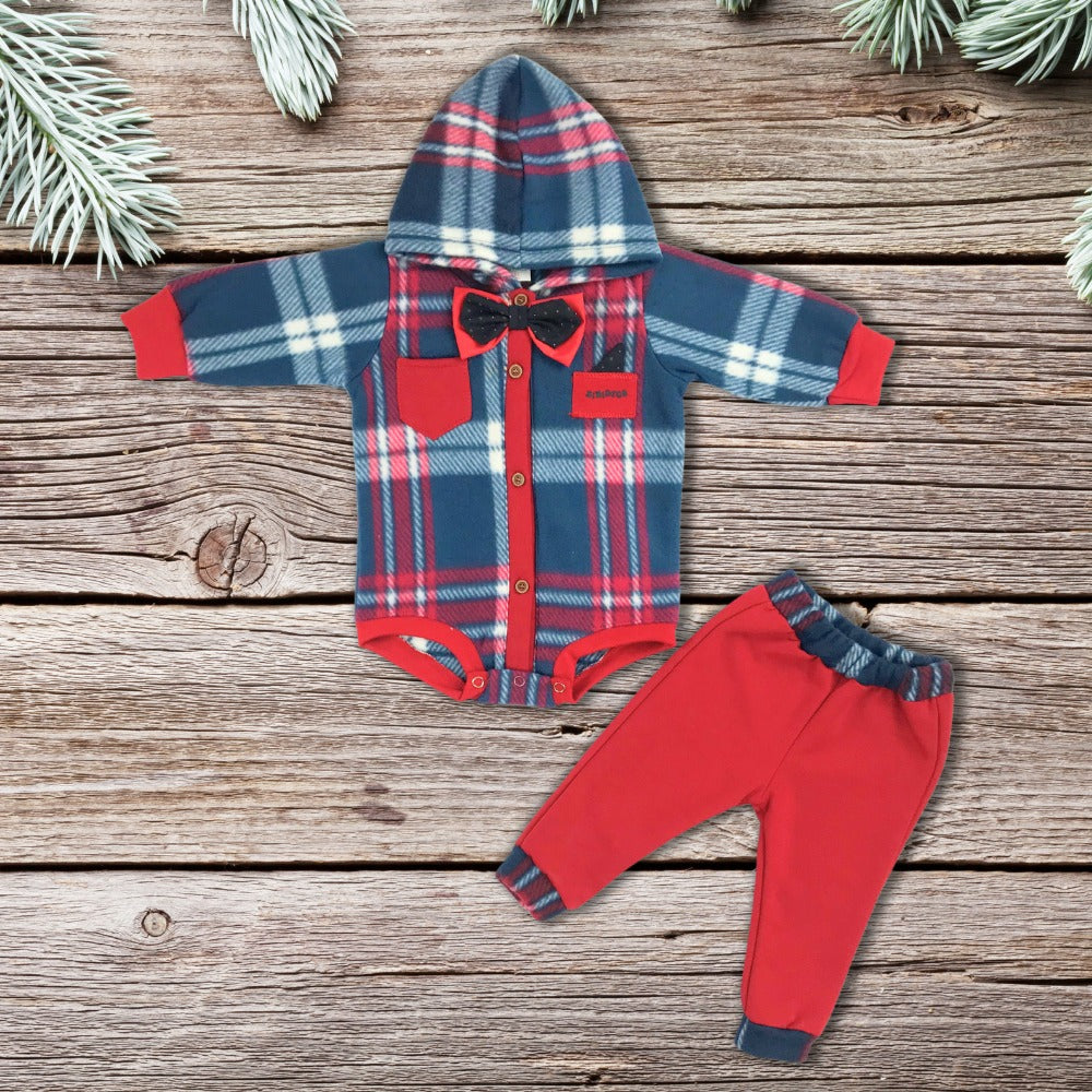 Pañalero polar cuadros con moño y  capucha y pantalón para bebes niños.