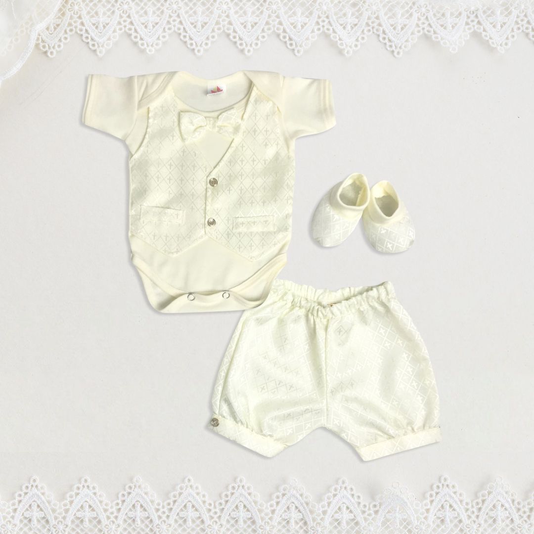 Coordinado body manga corta con  chaleco y moño  para bautizo con zapatost  bebe niño