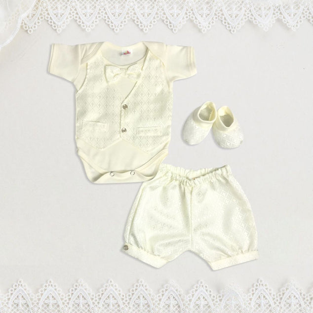 Coordinado body manga corta con  chaleco y moño  para bautizo con zapatost  bebe niño